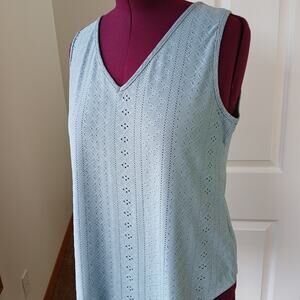 Sage Green Eyelet Tank Top XL V-neck lacy jacquard round hemline semi sheer